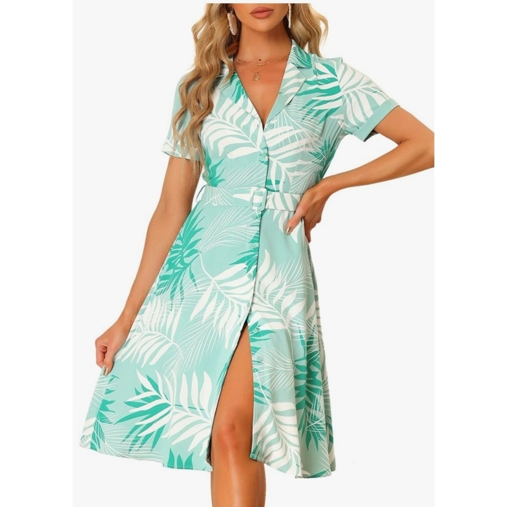 Allegra K Palm print Belted Button down Shirtdress Green Size XL